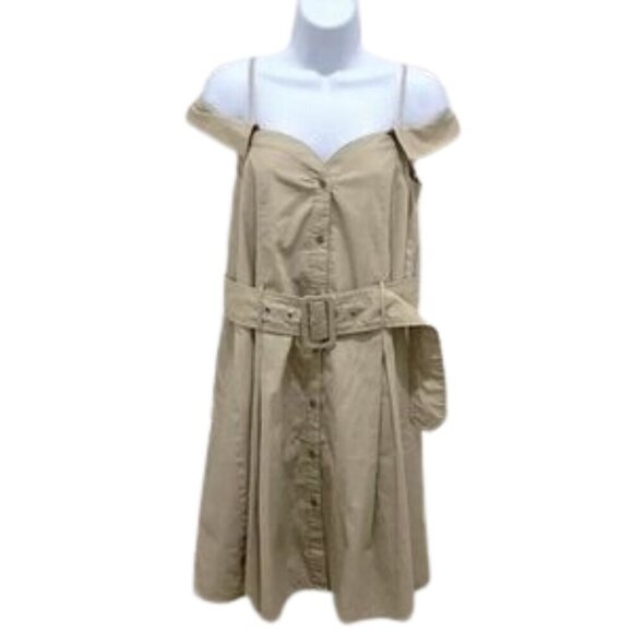 Walter Baker Dress Size 10 Beige 100% cotton Off The Shoulder Belted Midi Lined - Picture 2 of 9